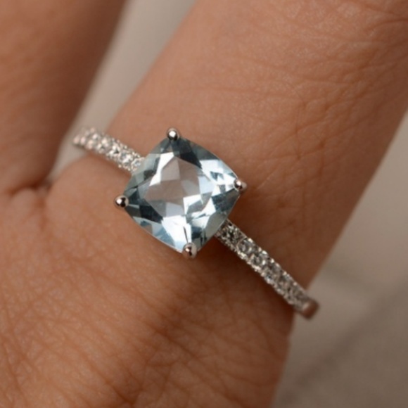 Cushion Cut Aquamarine Solitaire Diamond Ring - Picture 2 of 3